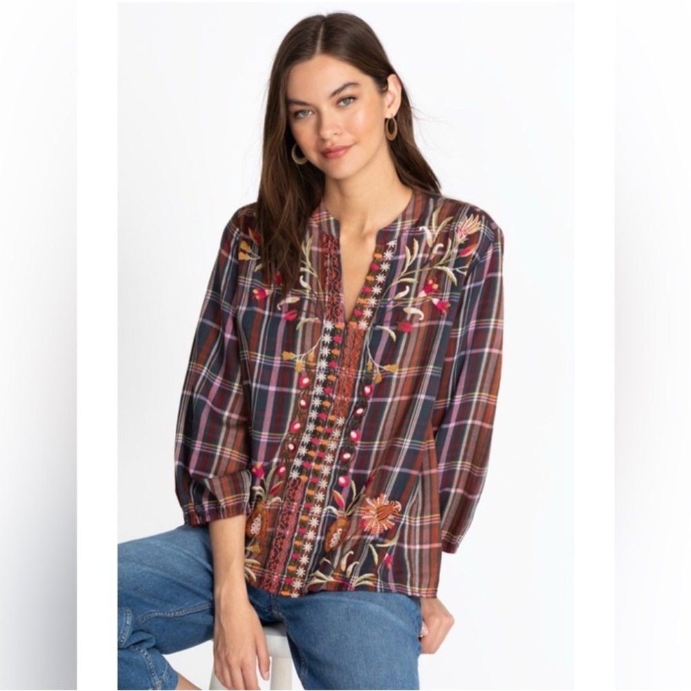 Johnny Was Rosalva Paris Effortless Blouse Embroidered Brown